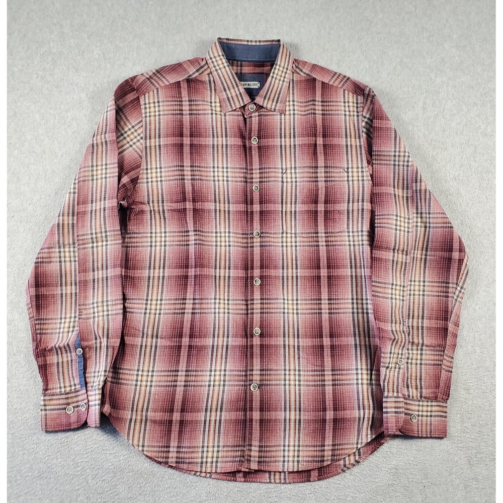 32 Bar Blues Shirt Men's Medium Burgundy Beige Brown Plaid Long Sleeve Cotton